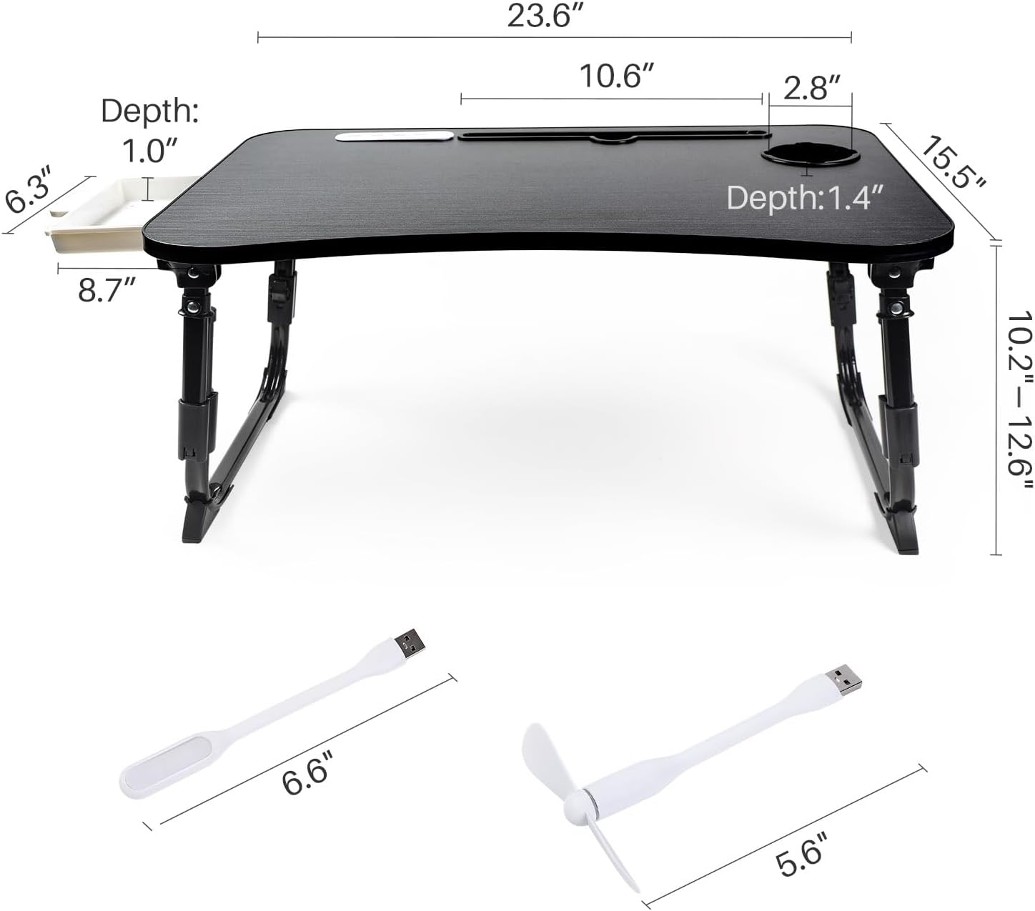 BYMECOST Laptop Desk for Bed, Height Adjustable Laptop Bed Table, Foldable Portable Lap Desk Stand with USB/Storage Drawer/Cup Holder/Slot, Breakfast Tray for Working Reading Writing Eating