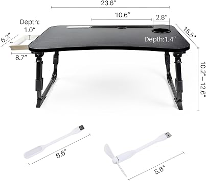 BYMECOST Laptop Desk for Bed, Height Adjustable Laptop Bed Table, Foldable Portable Lap Desk Stand with USB/Storage Drawer/Cup Holder/Slot, Breakfast Tray for Working Reading Writing Eating