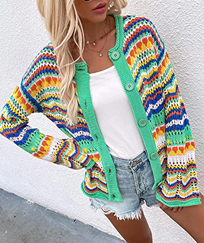 Image of xxxiticat Women's Rainbow Knitted Cardigan Sweater Long Sleeve Multicolor Striped Sweater Jumpers Open Front Jacket