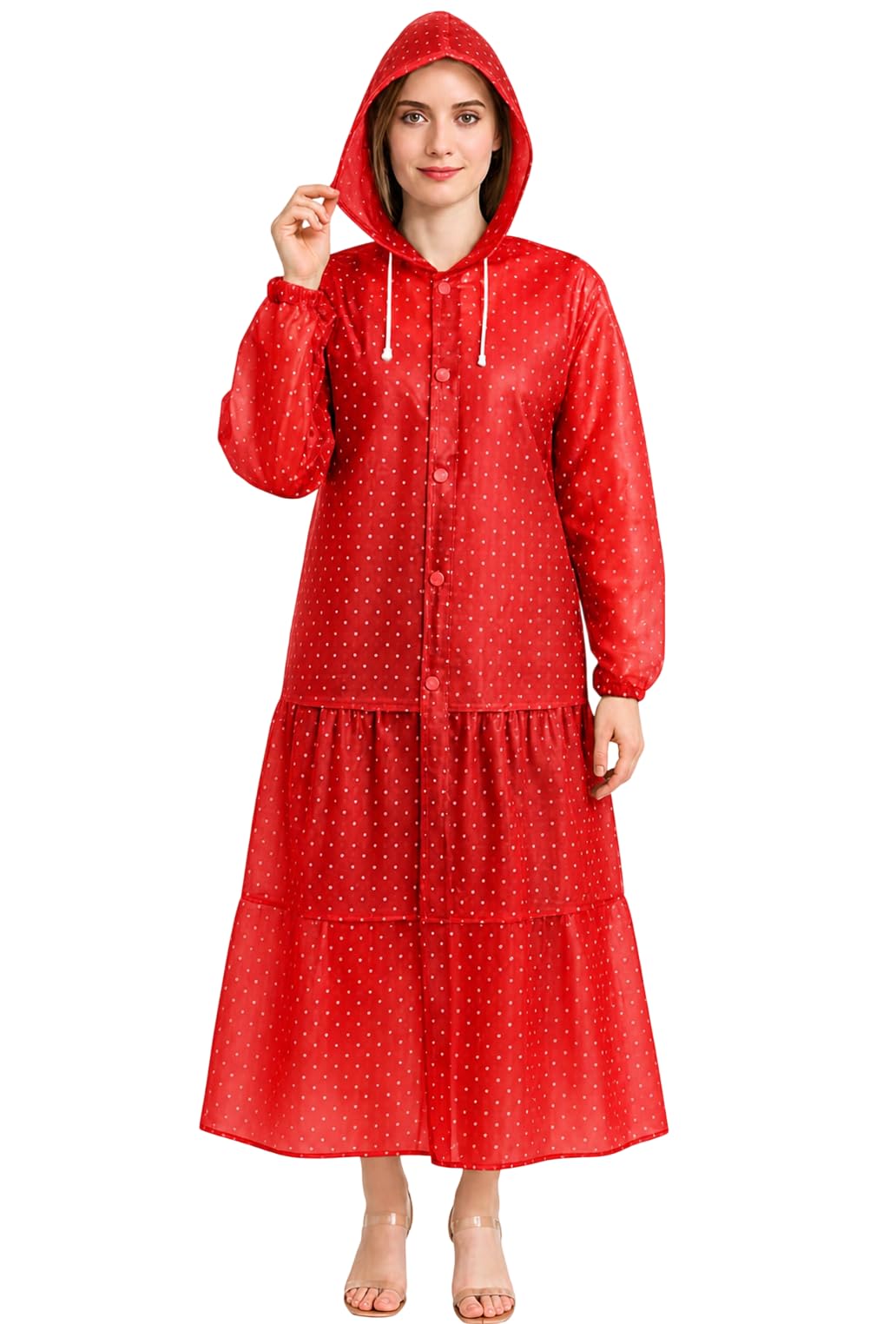 Women’s Long Hooded Raincoat – Waterproof Lightweight Full-Length Rainwear with Front Buttons & Adjustable Hood (Red,Multisize)-image-35