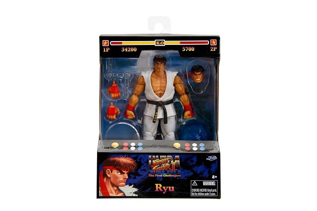 Jada - Street Fighter II Ryu, Figura Articulada 15cm, con Manos y Cabeza Intercambiables, Accesorios y 20…