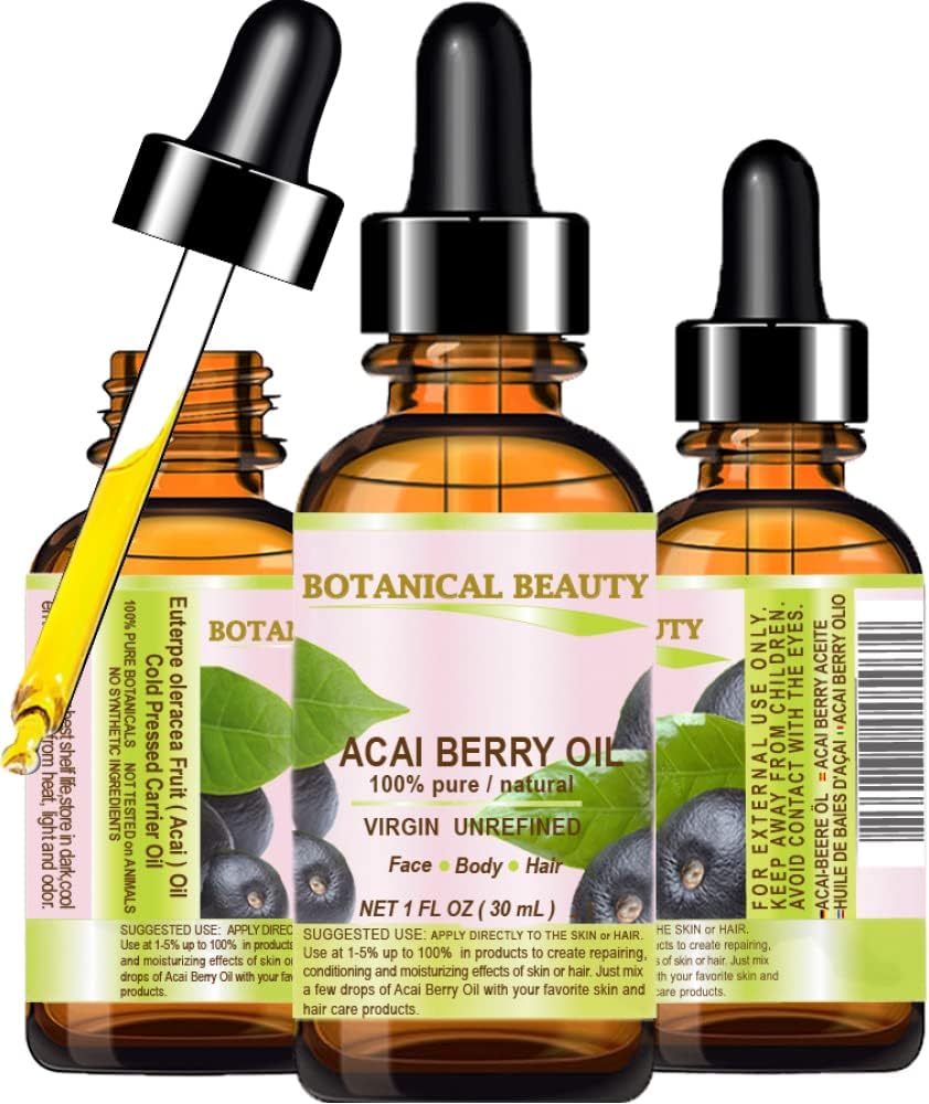 Botanical Beauty ACAI BERRY OIL 100% Pure Natural Virgin Unrefined Cold Pressed Carrier Oil. 0.5 fl.oz-15 ml. For Face, Skin, Hair, Lip, Nails. Rich in Vitamin E