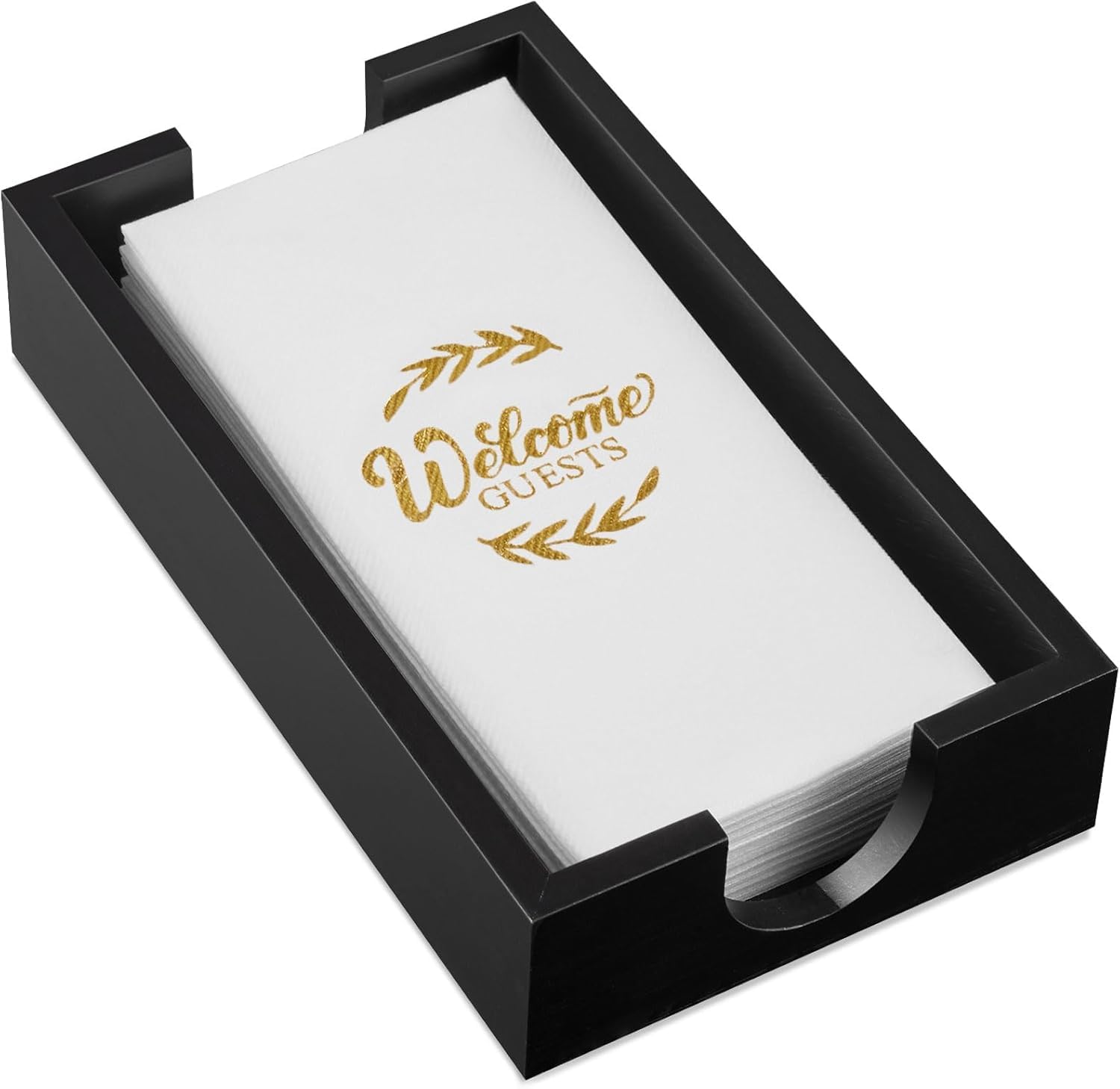 Napkin Holder for Bathroom, Acacia Wooden Guest Towel Holder Tray for Bathroom, Disposable Paper Hand Towel Holder for Bathroom Accessories, Dinner Napkin Holder (Black, 9.5 x 5.5 x 2 inches)
