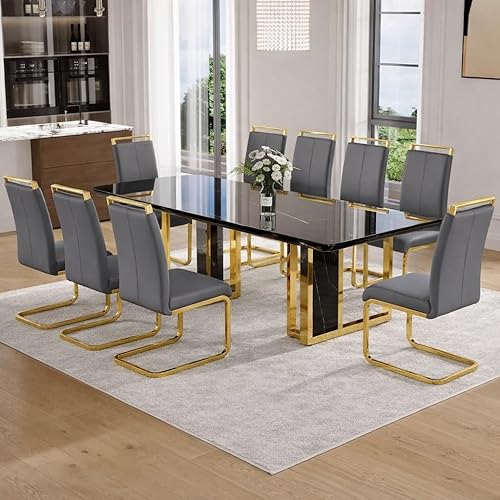 Miniatura 50 de Juego de mesa de comedor MEMUY para 8, 79" Juego de mesa de comedor de mármol falso para 8 con superficie brillante blanca, juego moderno de mesa de
