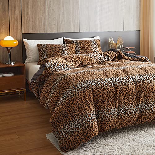 Jeyfull Fluffy Faux Fur Leopard Duvet Cover Set Queen Size Plush Animal Print Comforter Set Cover Luxury Shaggy Bedding Set 3 Piece, 1 Duvet Cover+2 Pillowcases #TOP2
