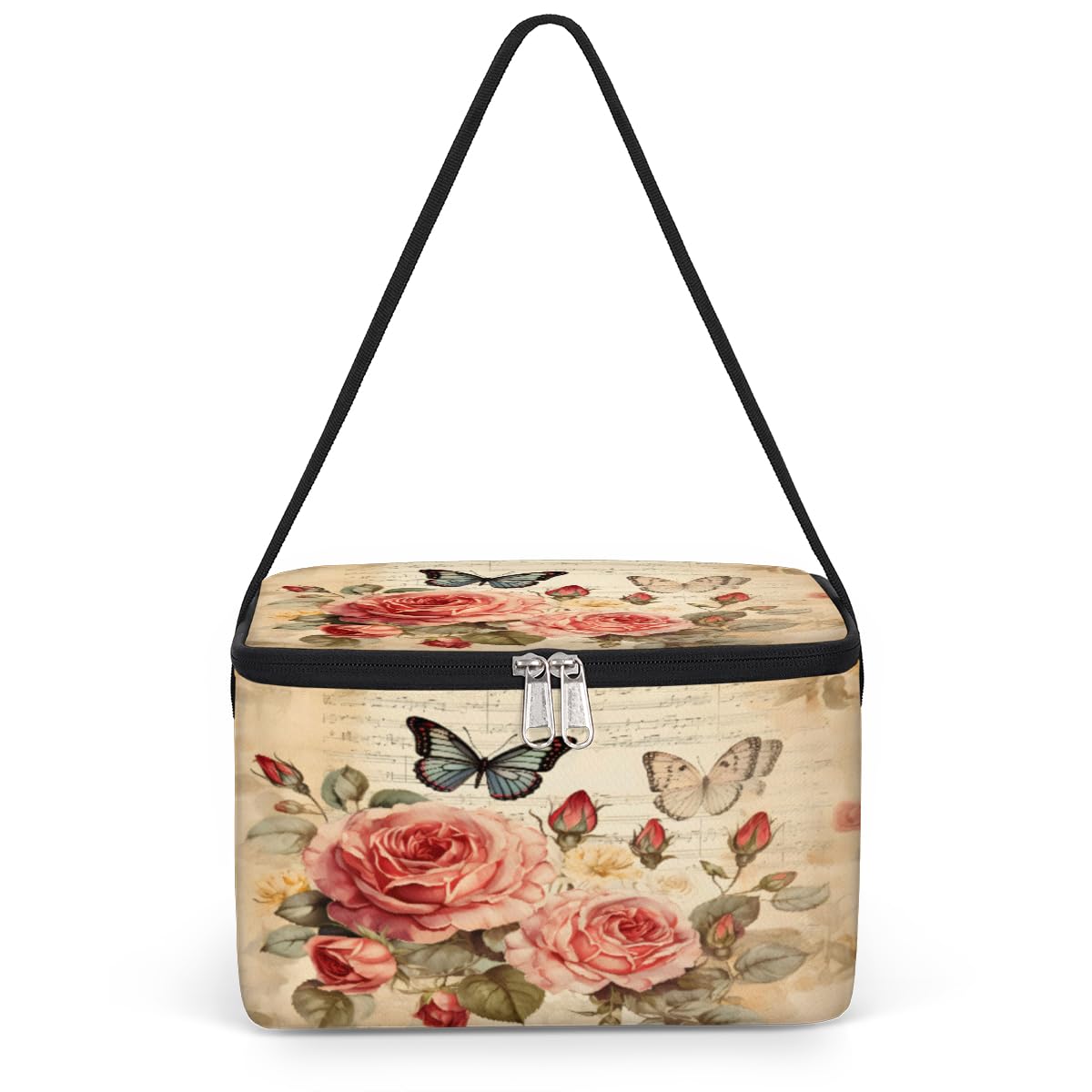 GzLeyigou Retro Floral Roses Lunch Bags for Women Men 9 Cans, Hot & Cold Food Delivery Bag Insulated Grocery Bag Insulated Lunch Box Butterfly Cooler Bag for Office Work Picnic Beach