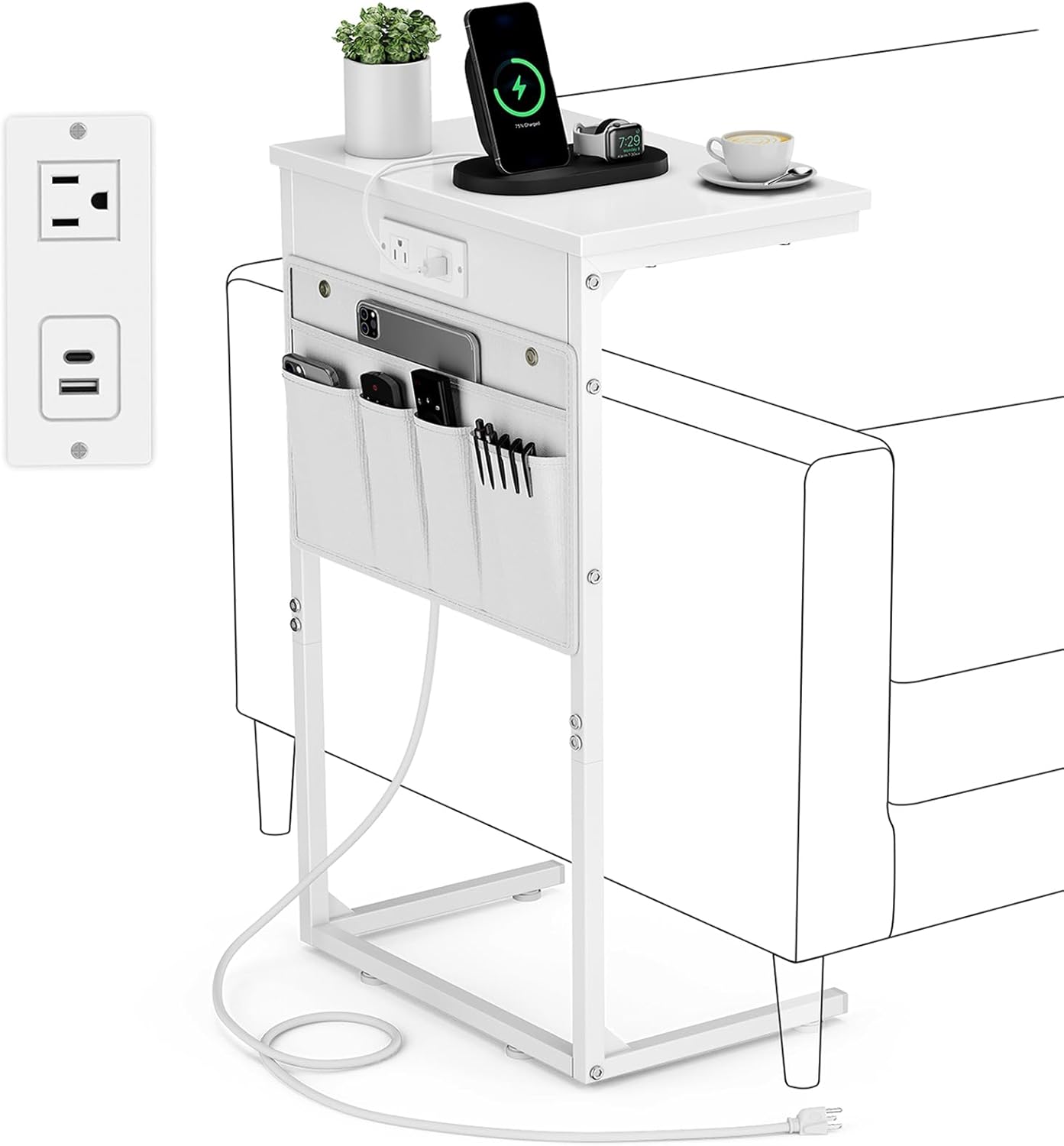 vagusicc c shaped end table with charging station, 28" tall side table for couch, small slide under sofa table with storage bag for small spaces, snack table tv tray table arm table for living room 1pc white