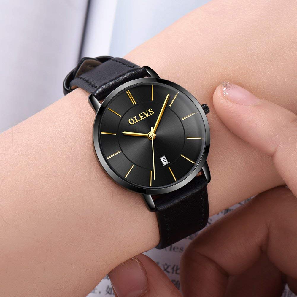 OLEVS Watches for Women Waterproof Wristwatches Analog Quartz Ultra Thin Black Watches Leather Strap Watches with Date Calendar Watches,Gifts for Women