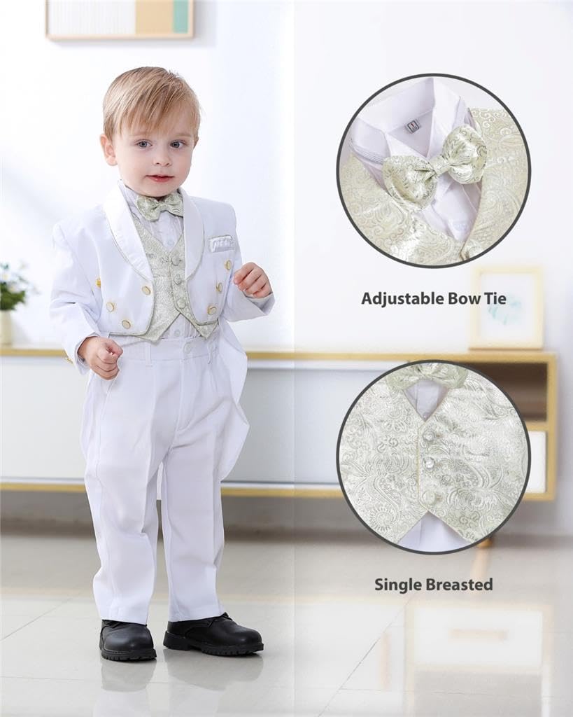 Lito Angels Smoking per Bambino Bimbo, Set da 5 Pezzi (Giacca, Camicia, Jacquard Gilet, Pantaloni e Papillon), Nero e Oro