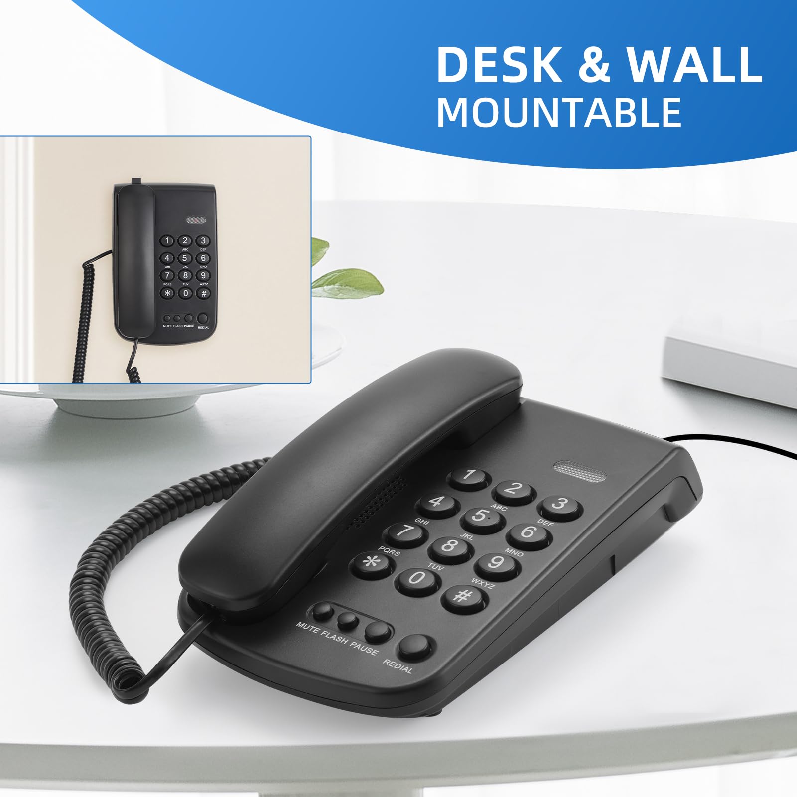 Telefon stacjonarny, czarny przewodowy telefon stacjonarny do domu, telefon biurowy, telefon domowy z klawiszami funkcyjnymi/regulowana głośność do biura/hotelu