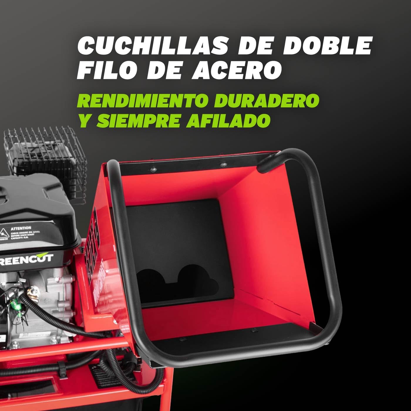 GREENCUT GE212X-B - Biotrituradora de Gasolina 212cc 7cv , Tritura Ramas Hasta 50mm, Incluye Saco de 64L, con Ruedas y Asa para Transporte Roja