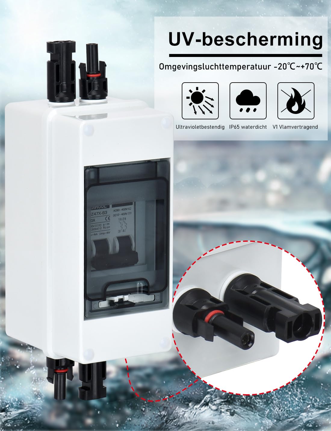 DIHOOL Odłącznik DC PV, wyłącznik nadmiarowy, automatyczny bezpiecznik, 2-biegunowy, 10A, 12V (12V-400V) z kablem, wtyczka solarna, IP65, wodoszczelna obudowa