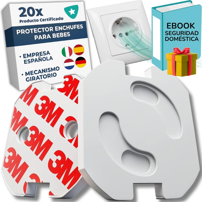 HOMYBABY® [x20] Protectores Enchufes para Bebes Certificado + REGALO EBOOK - Proteccion Seguridad Infantil Hogar - Tapas Enchufes Bebe - Protege y Cubre Enchufes Bebe - Mecanismo Giro + Adhesivo 3M