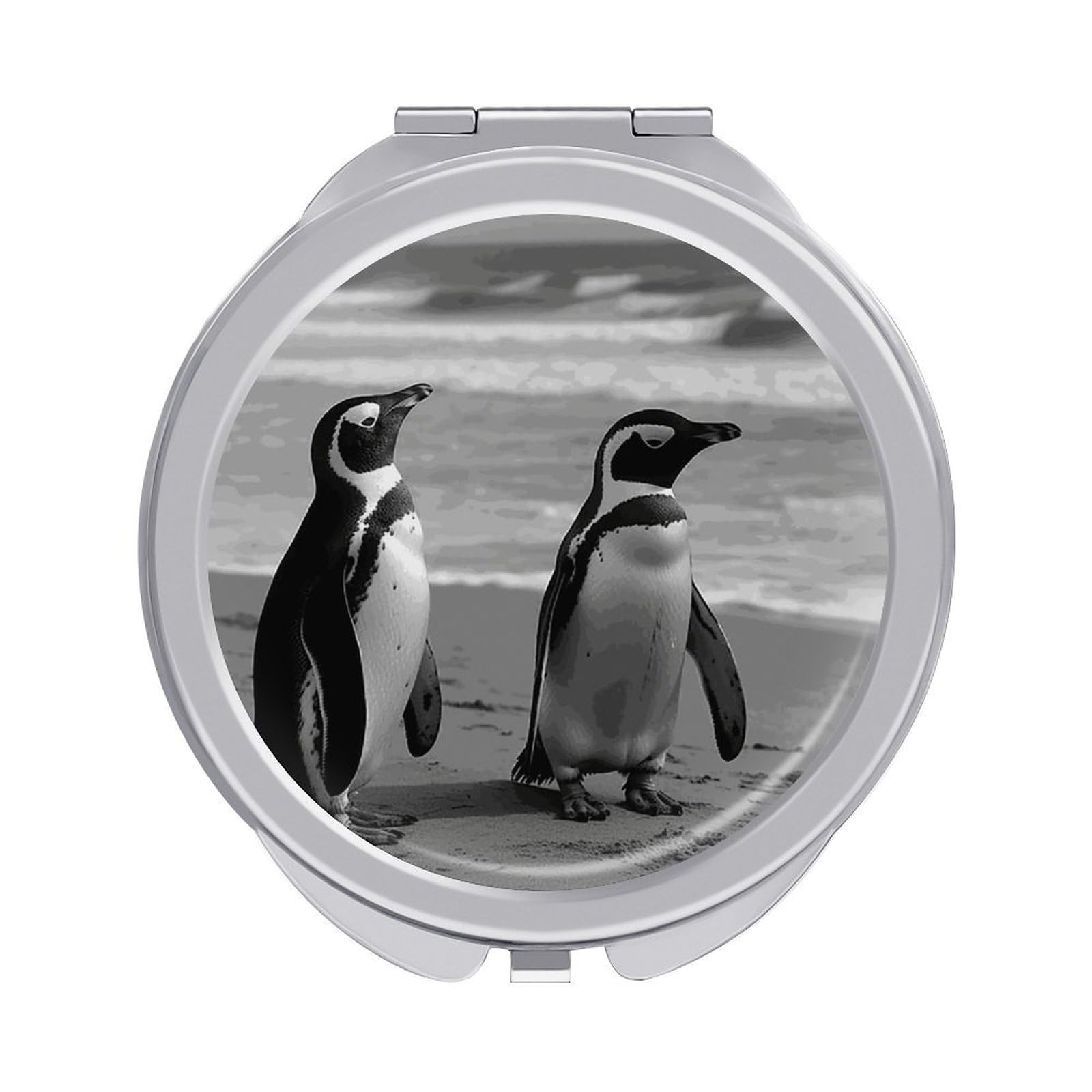 JTREHY Penguin Standing on The Beach Makeup Mirror Portable Folding Mirror Compact Travel Mirrors 2-Sided Round Pocket Mirrors Cute Handheld Beauty Mirror for Handbag Purse for Women Gift