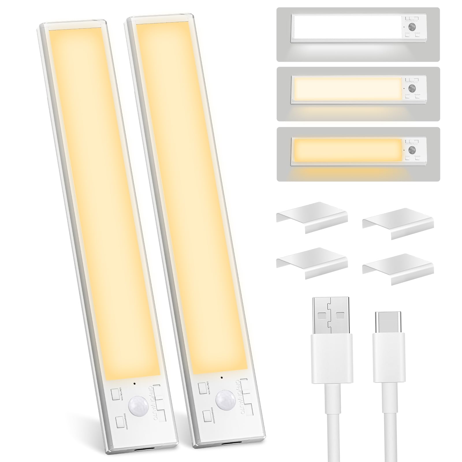 JACKPOT BOOM Under Cabinet Lights 2 Pack 8 inch Rechargeable Battery Operated Motion Sensor Light Indoor USB Charging Closet Lights Battery Operated with 3 Color Temps for Kitchen, Stairs, Home