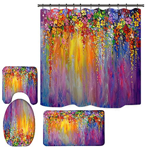 4 Pcs Purple Flower Shower Curtain Sets With Non-Slip Soft Shower Rugs, Microfiber Shaggy Water Absorbent Bath Mat,Bathroom Set Theme With Colorful Waterproof Shower Curtains #TOP4