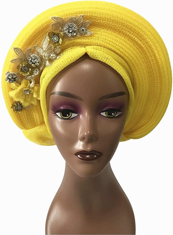 Nigerian Mesh Gele Headties with Beads and Stones African Already Made Auto Gele Head Wrap for Party 1set -by MSB Fabric Color 1307
