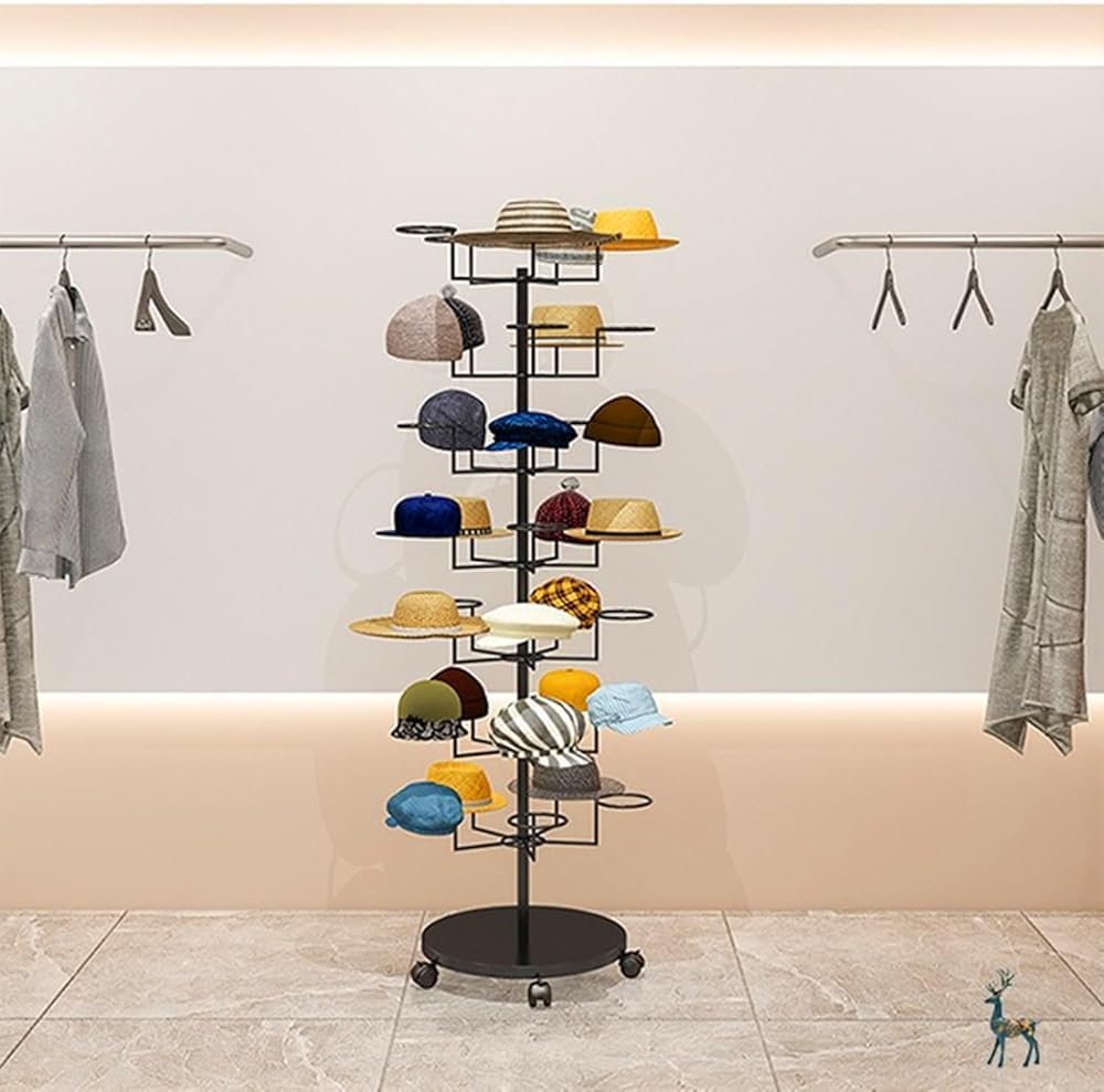 Percheros con ruedas, soporte giratorio de metal para sombreros, gorras y pelucas, organizador independiente para sombreros