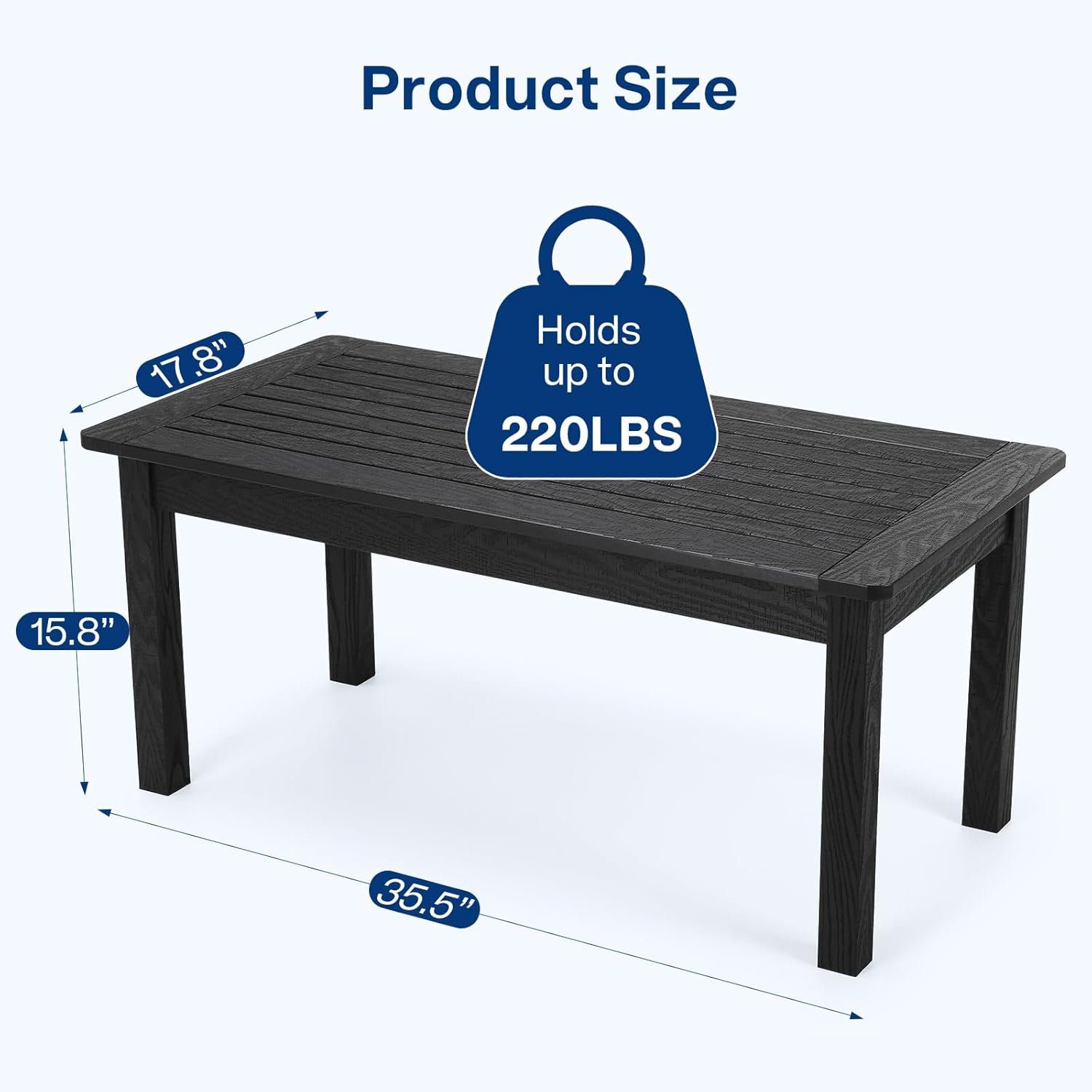 36" Outdoor Coffee Table, Weatherproof HIPS Patio Coffee Tables for Outside, All Weather Center Table with 220lbs Capacity for Deck, Garden, Balcony, Indoor or Outdoor Use, Black