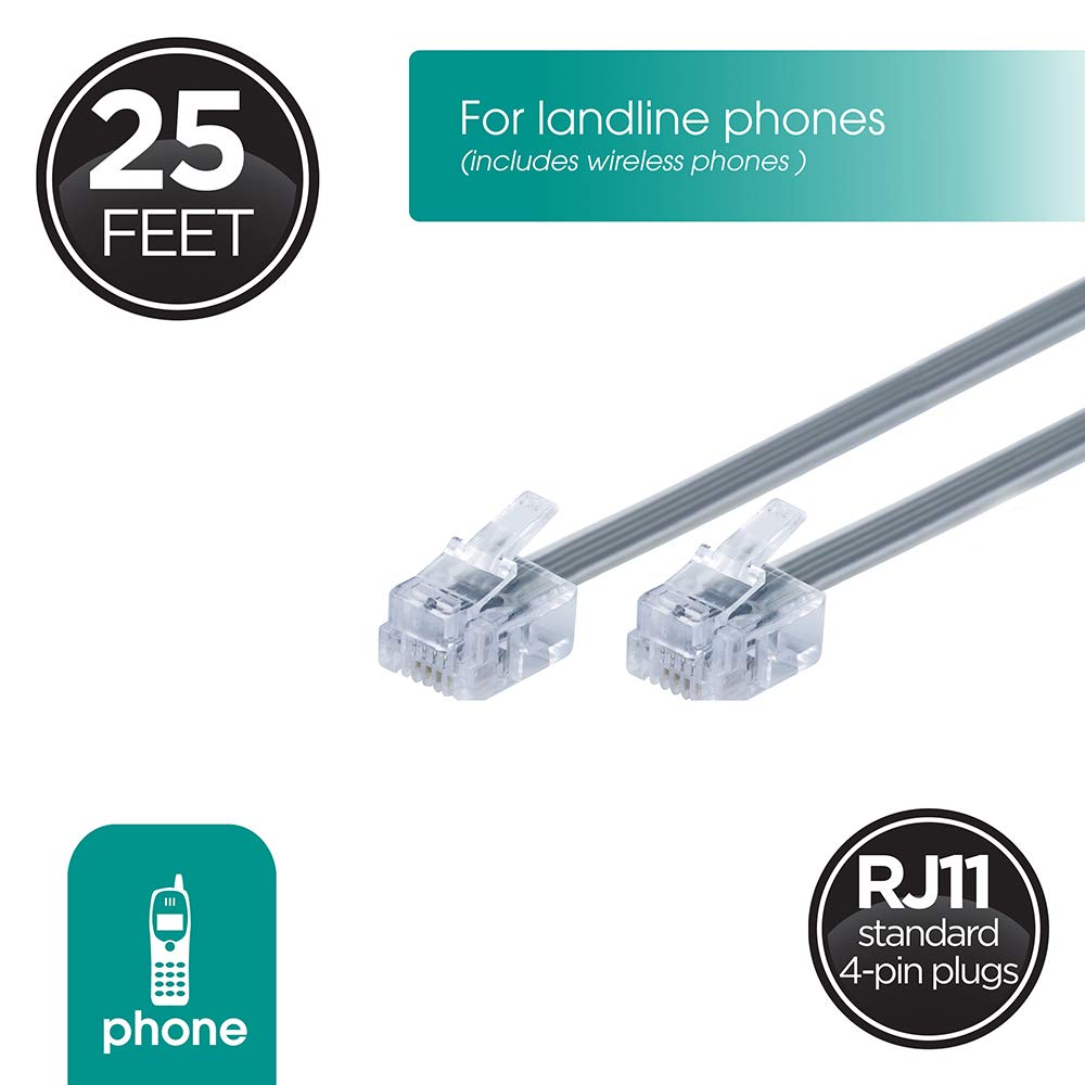 Power Gear Telefonleitungskabel, 7,6 m, Telefonkabel, modulare Klinkenenden, funktioniert für Telefon, Modem oder Faxgerät, für den Einsatz zu Hause oder im Büro, Satin, 46068 Grau