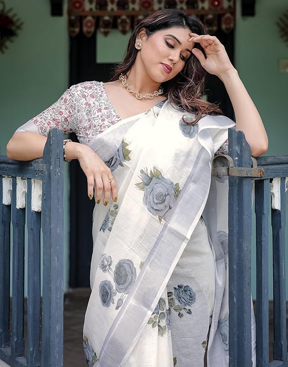 Women’s Cotton Linen Printed Saree with Unstitched Blouse Piece – Traditional Indian Ethnic Saree for Festival, Party & Casual Wear, Off-White, Saree: 5.50Mtr | Blouse: 0.80Mtr