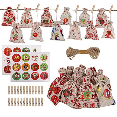 Calendario de Adviento Navidad, Bolsas de Regalo de Arpillera con Cordón, Cuenta Atrás para Navidad Fiesta Decoración con 1-24 Pegatinas y Clips de Madera, Sacos de Caramelo de Tela (Set de 24)