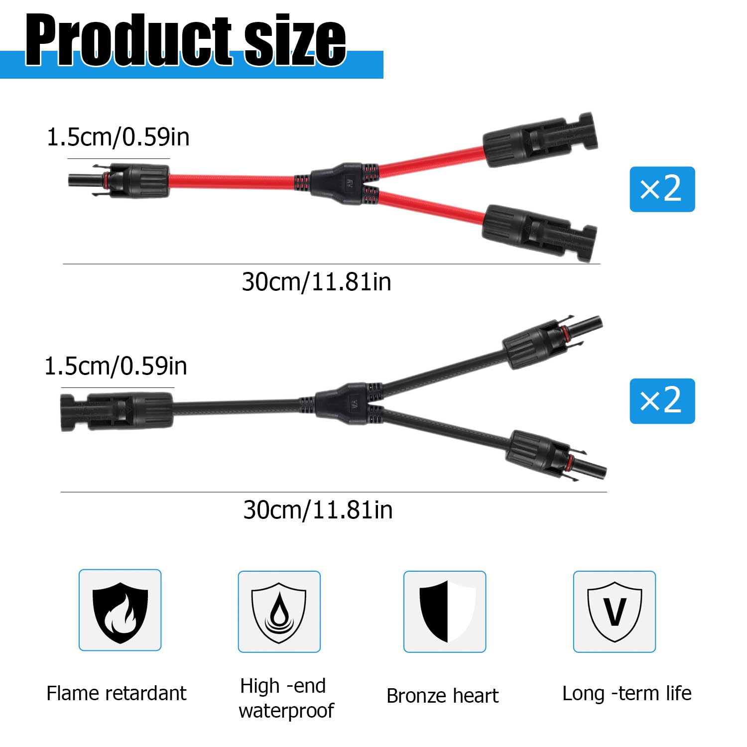 Kabel solarny rozdzielacz Y, 2 pary kabli do paneli słonecznych, wtyczka Y | Solarny kabel fotowoltaiczny, do solarnych złączy fotowoltaicznych, 2 czerwone + 2 czarne