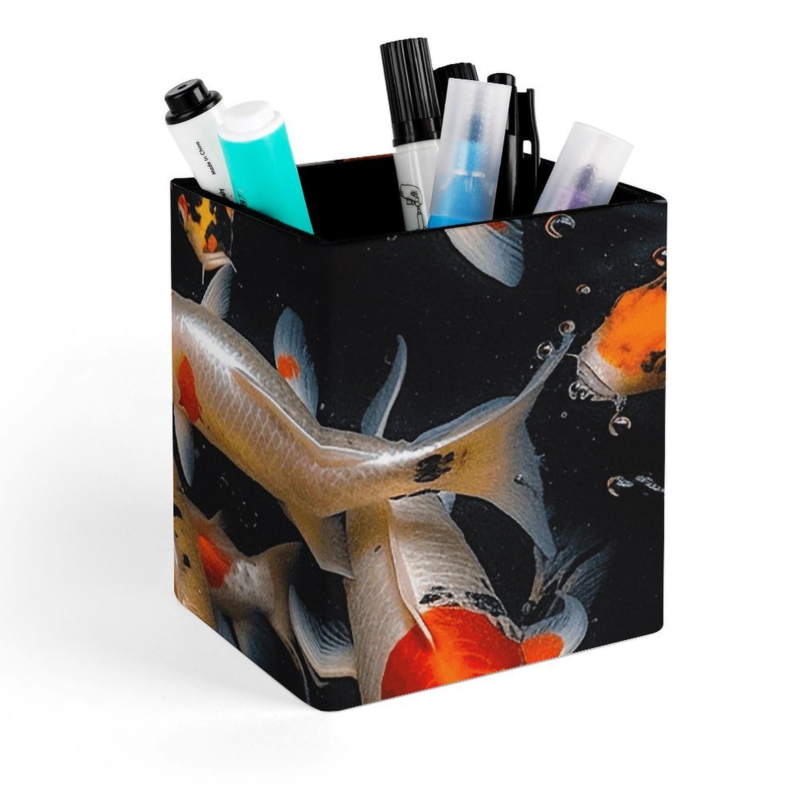DWVTSLH Aesthetic Pen Holder for Desk - Modern Leather Pencil Holder - Stylish Square Makeup Brush Holder - Japan Fancy Koi Carp Fishes Pen Cup Cute And Functional Desk Organizer for Office Supplies