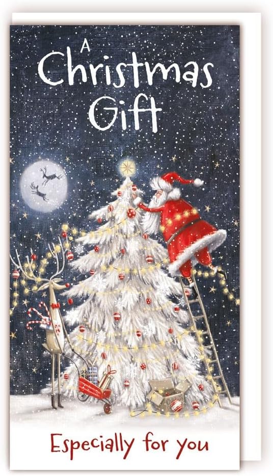 Tracks Publishing Christmas Money Wallet Card - Santa and Rudolph Decorating the Tree - Eco-Friendly