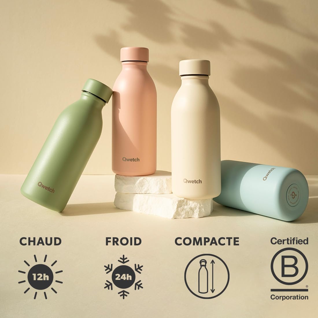 Qwetch - Bouteille Isotherme 500ml Leopard Camel - ICON - Gourde Design Compacte et Élégante Inox Recyclé - 24h Froid et 12h Chaud - Etanche