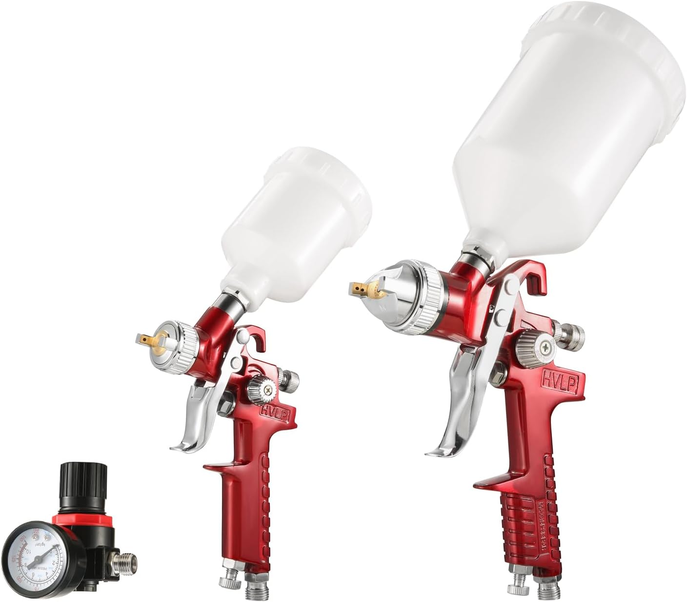 HVLP Air Gravity Spray Gun Set, 2Pcs Sprayer Paint Gun with 0.8mm 150ml&1.4mm 600ml Automotive Paint Gun with Locking Air Pressure Regulator Gauge Air Spray Gun for Furniture, Car, Fence,Model Making