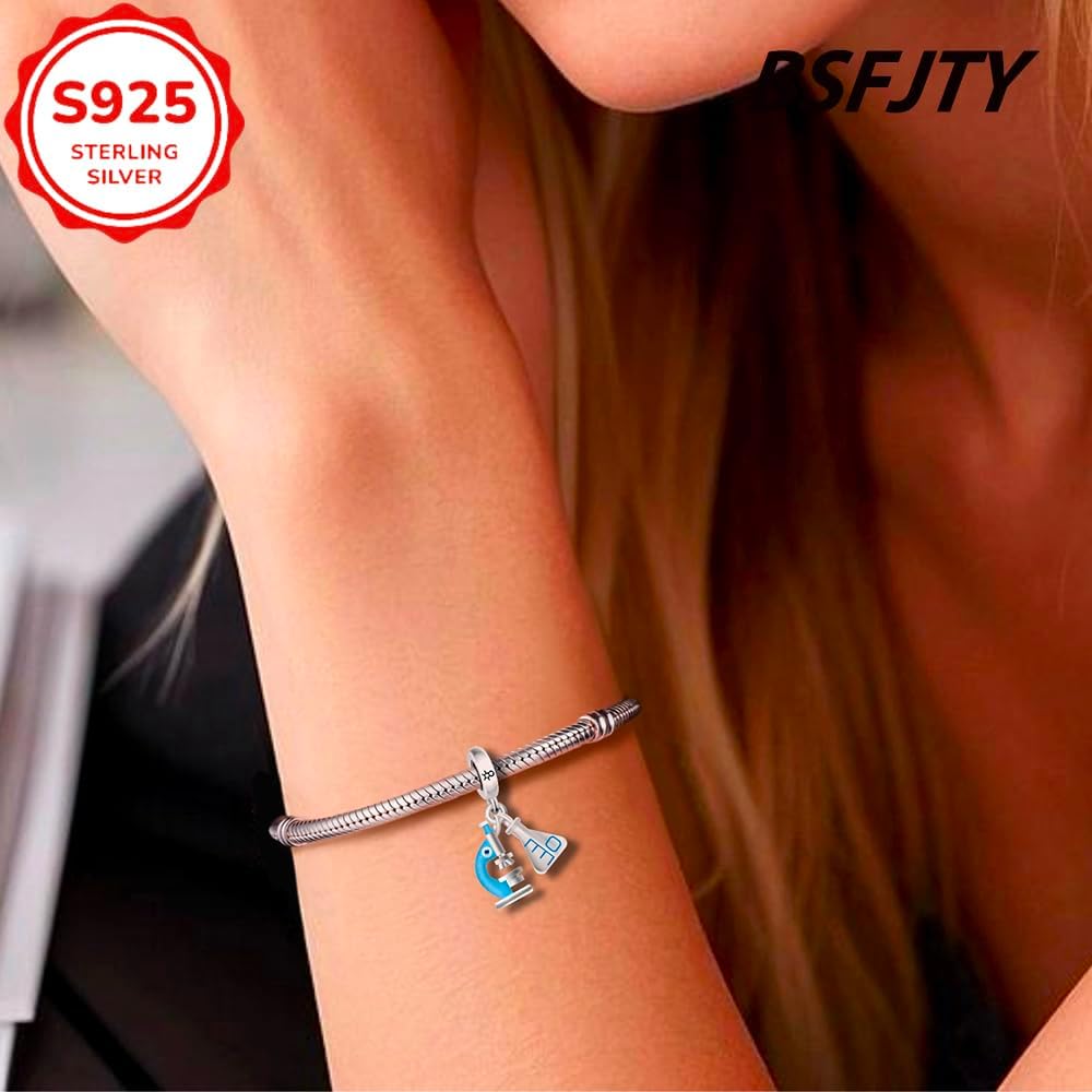 3D Microscope Dangle Charm, S925 Sterling Silver Charms, DNA Biology Medical Helix Chemistry Science Charms Suitable for Pandora Bracelet Jewelry Gift
