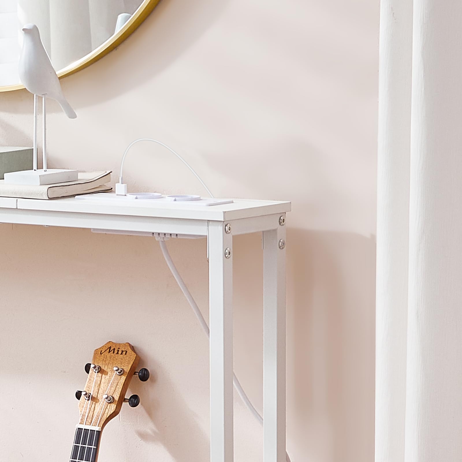 HOOBRO Mesa de Consola Estrecha de 100 cm, Mesa de Entrada con Enchufe Múltiple, para Colocar detrás del Sofá, para Sala de Estar, Pasillo, Marco de Metal, Blanco EWW52CXG01G1