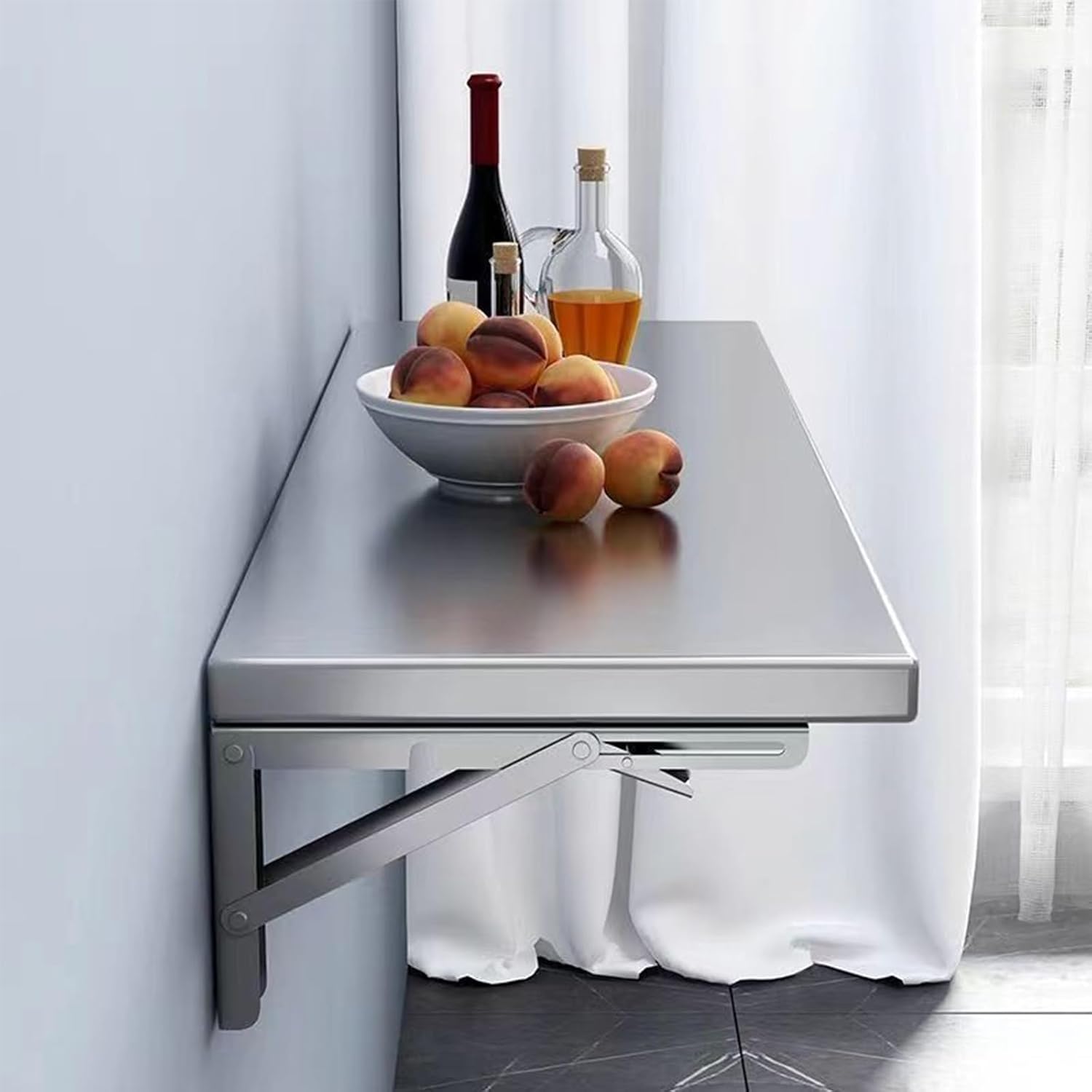304 Stainless Steel Wall Mounted Folding Table with Kitchen Storage Shelf for Balcony, Bathroom, or Laundry Room 24 * 10in Foldable Desk