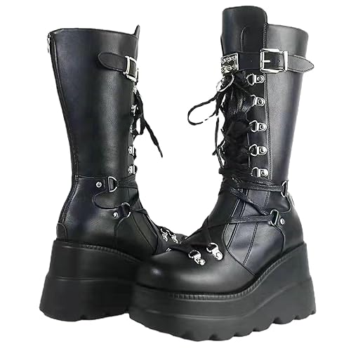 KysBloes Women Goth Knee High Boots Wedge Platform High Heel Mid Calf Boots Lace Up Punk Gothic Combat Boots