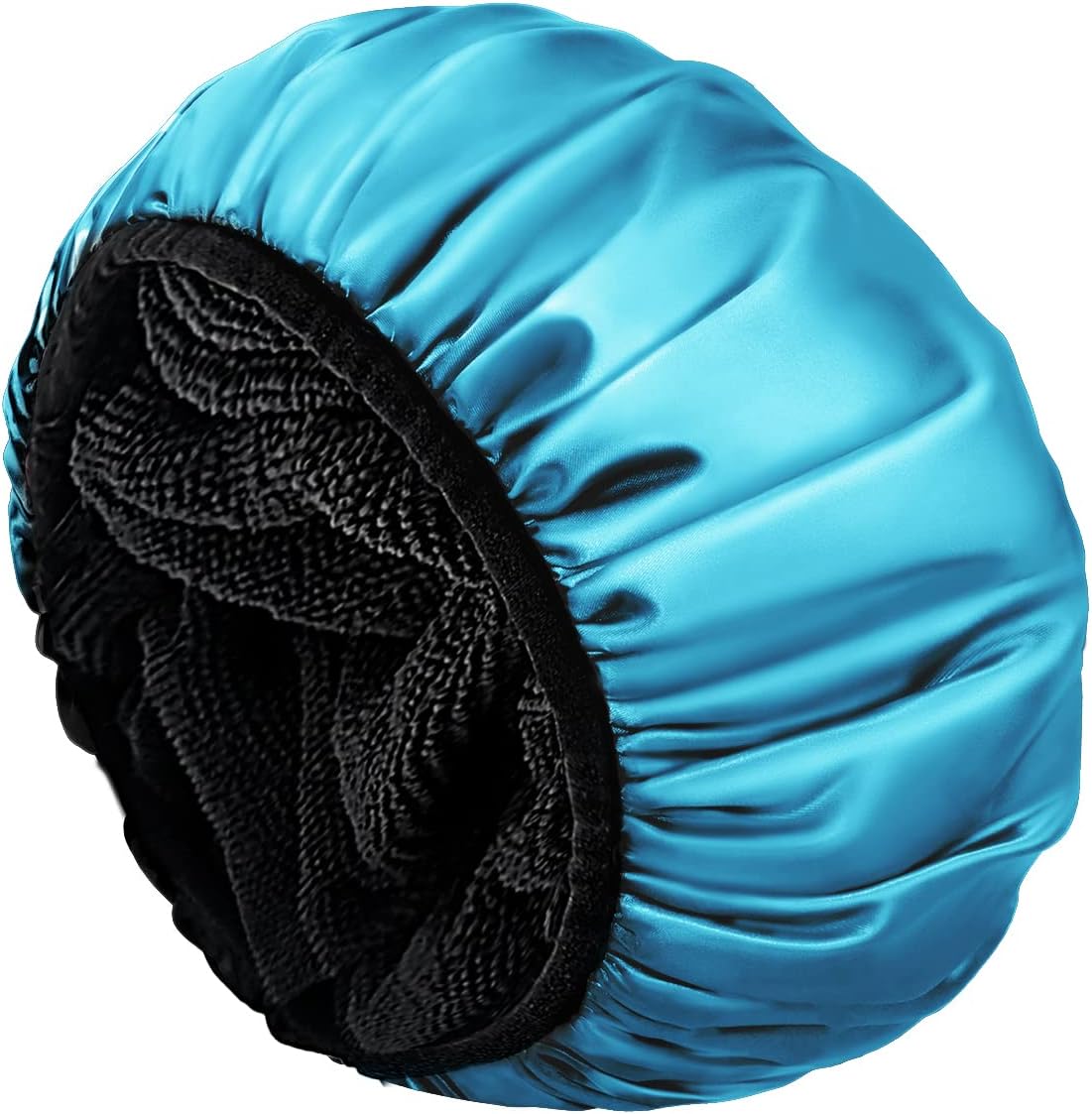 Aquior Shower Cap,Extra Large Triple Layer Bathing Cap with Dry Hair Function for Women Microfiber Terry Cloth Silky Satin 100% Waterproof Reusable Long Hair Bath Caps (Blue)