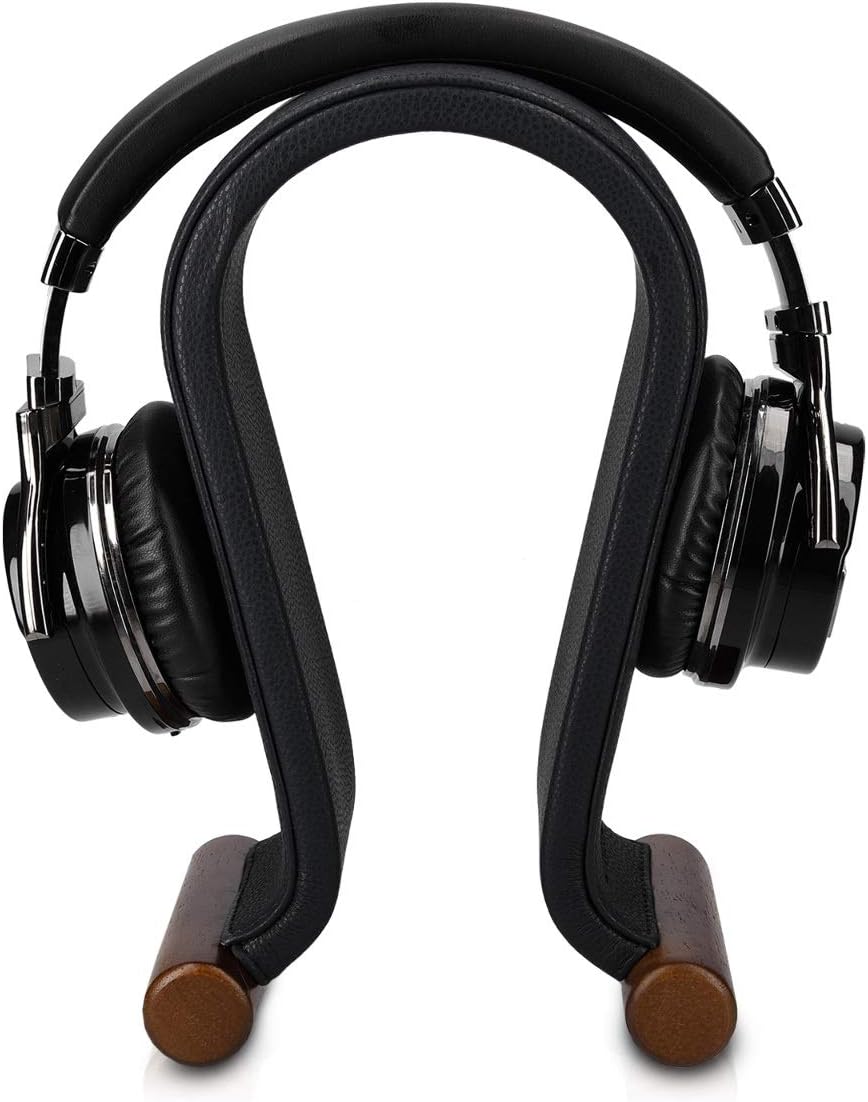Navaris Omega Headphone Stand - Synthetic Leather Headset Hanger with Wood Base - Holder for Wired, Wireless, Gaming, DJ, Studio Headphones - Black - Image 5