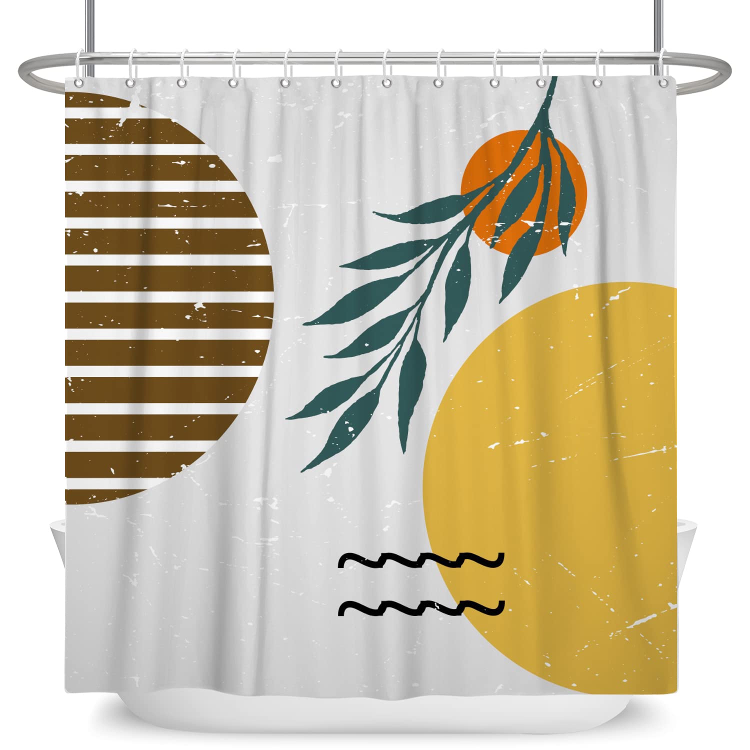 Ttincceer 180x180cm Abstract Shower Curtain Watercolor Palm Leaf Orange Sun Bathroom Curtain Retro Mid-Century Shower Curtains Waterproof Bathtub Curtain with Hook — image 1