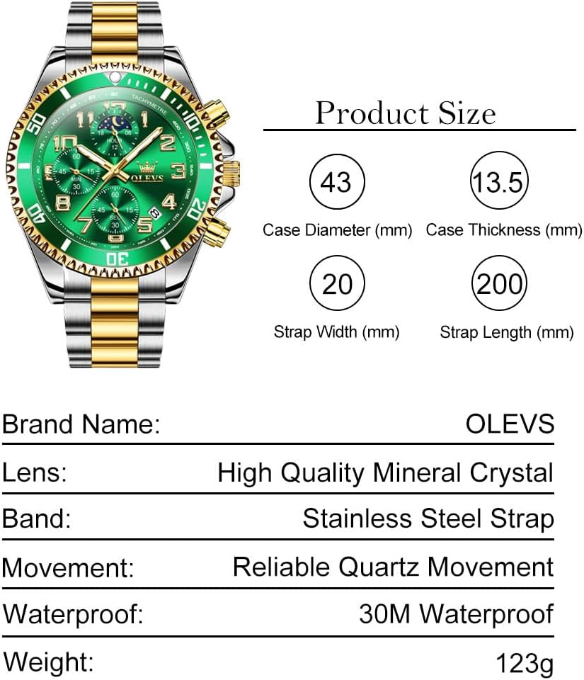 OLEVS Luxury Watches for Men, Large Face Dress Mens Stainless Steel Watch, Classic Waterproof Quartz Watches for Men, Gold/Black/Blue/Green/White/Gray/Red Dial - Image 6