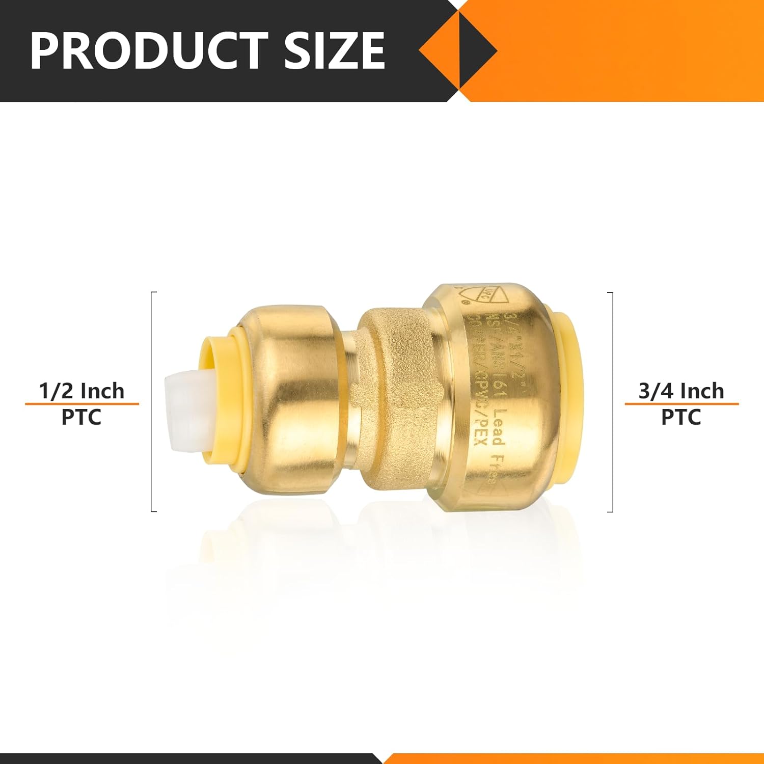 10-Pack HeSun Pushfit Coupling, 3/4"x1/2" Push to Connect Plumbing Fittings with Disconnect Clip, Brass Push-fit Fittings for PEX, Copper, CPVC, PE-RT Pipes(PF017)