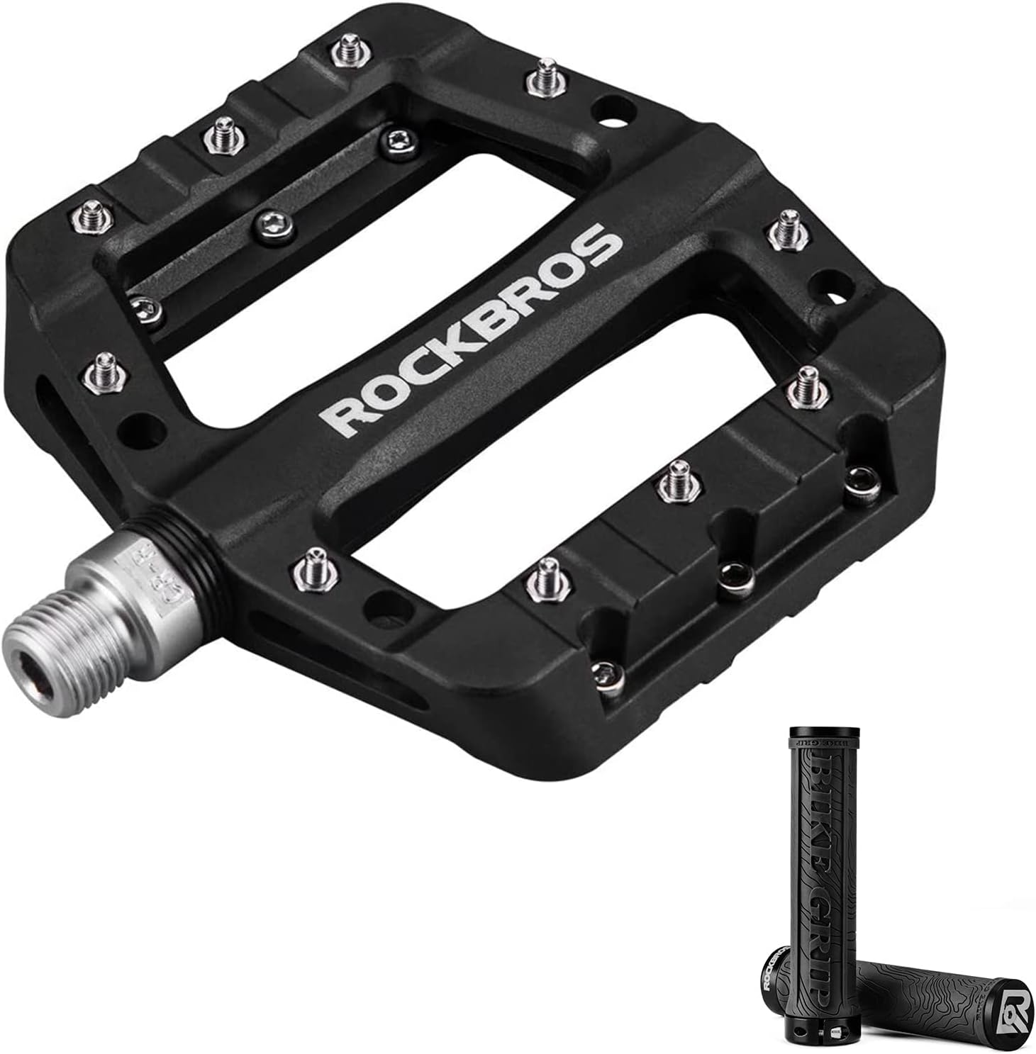 ROCKBROS Lightweight Mountain Bike Pedals Nylon Fiber Bicycle Platform Pedals for BMX MTB 9/16" Black with Bike Handlebar Grips