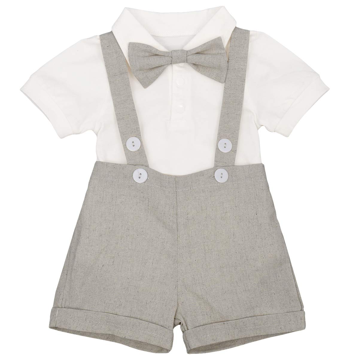 IMEKIS Baby Boy Formal Outfit Gentleman Short Sleeve Tuxedo Shirt + Suspender Shorts + Bowtie 3pcs Birthday Christening Suits Cake Smash Photo Shoot Clothes Set Grey 6-12 Months