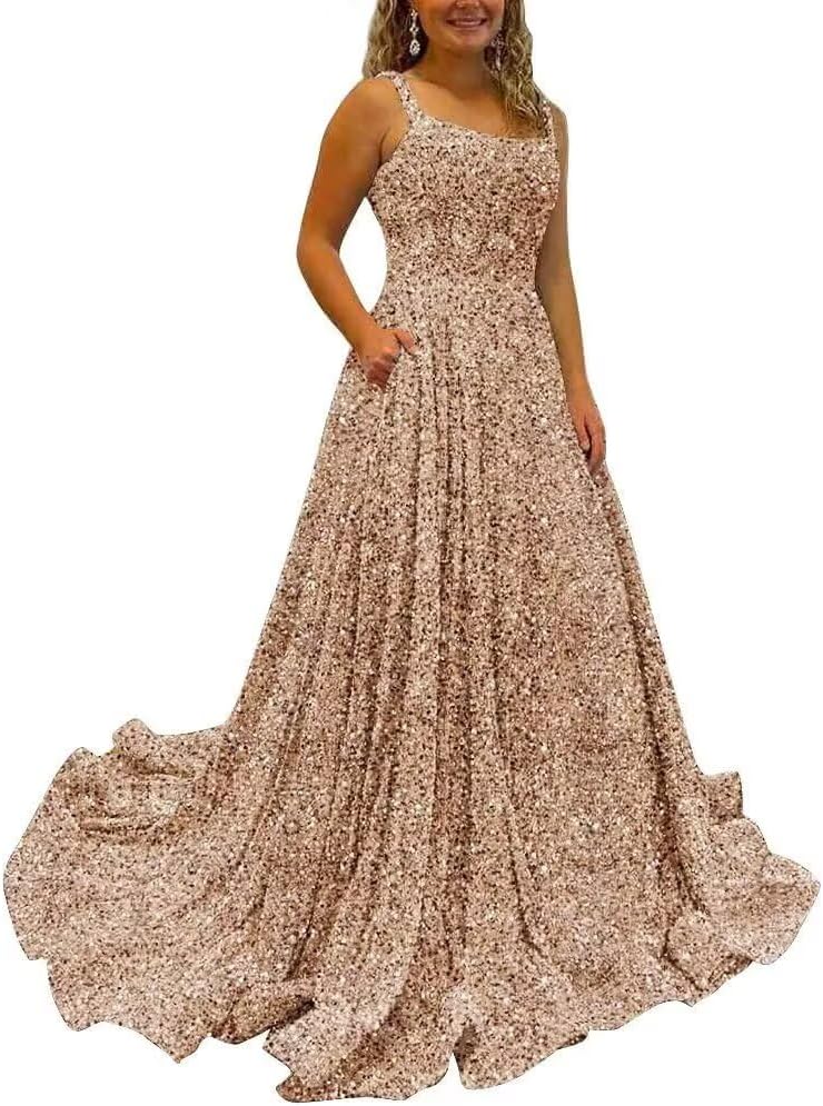 Women's Square Neck Sequins Prom Dresses for Women Spaghetti Straps Formal Party Gowns