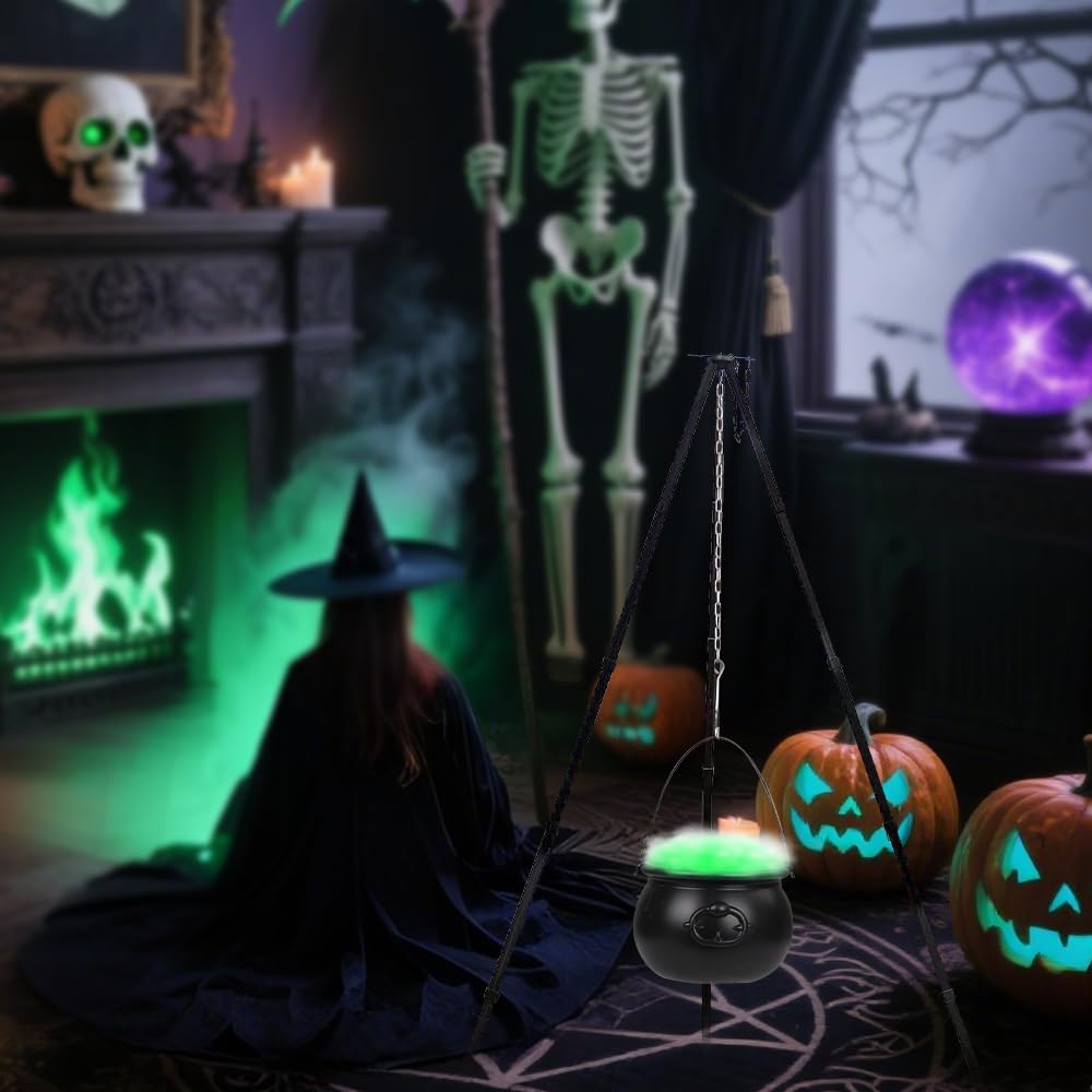 Pentolone Strega Halloween, Calderone Halloween Grande, Calderone Strega Grande con Treppiede e Luce per Strega Halloween Decorazione Casa Portico Giardino Cortile