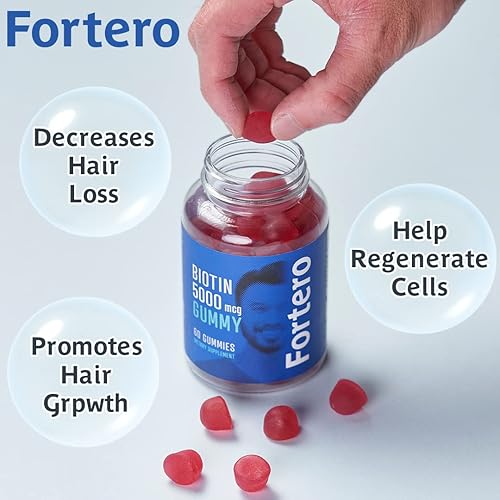 Miniatura 4 de FORTERO Paquete de 6 Gomitas de biotina para el crecimiento del cabello  Vitamina gomosa con biotina, vitamina A y D, ácido fólico  Biotina 5000 mcg