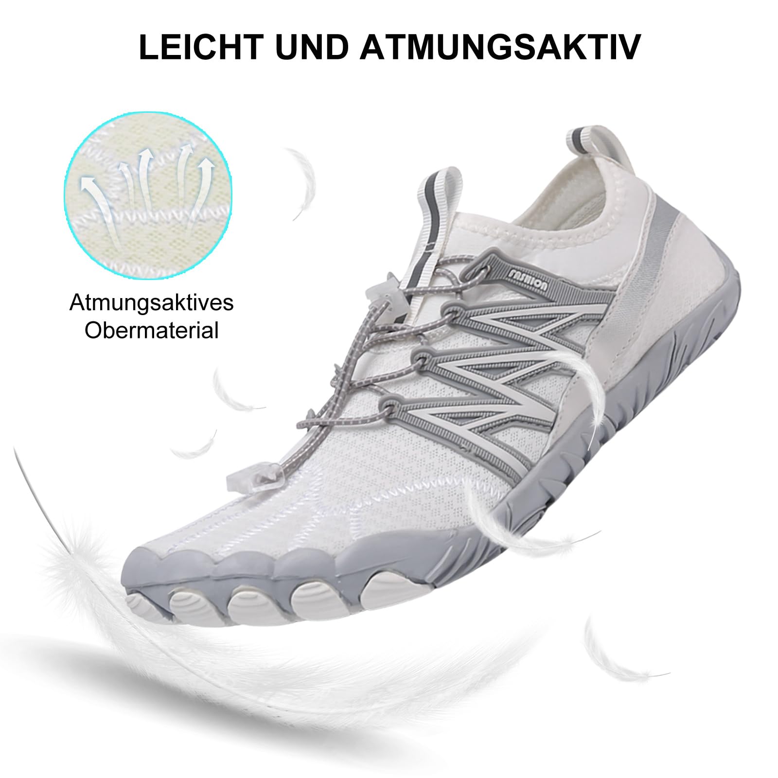 RUYI Unisex Barfußschuhe Damen Herren Traillaufschuhe, Weich Leicht Fitnessschuhe mit rutschfest Sohle & Breiter Zehenbox, Schnell Trocknend Badeschuhe, A021 Weiß, 41 EU