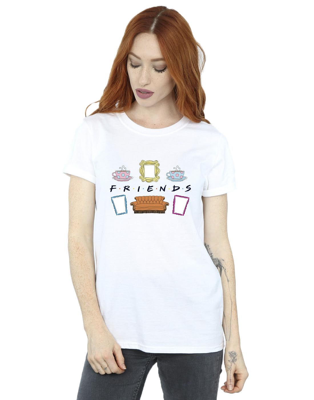 Absolute Cult Women's White Friends Couch Lounging Boyfriend Fit T-Shirt X-Large