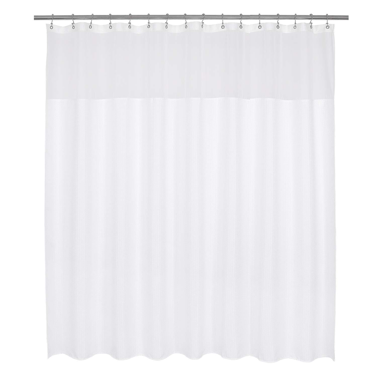 Barossa Design Large Fabric Shower Curtain with Sheer Window 96 x 78 inch, Waffle Weave, Hotel Grade, 230 GSM Heavyweight, Water Repellent, Machine Washable, White, 96x78