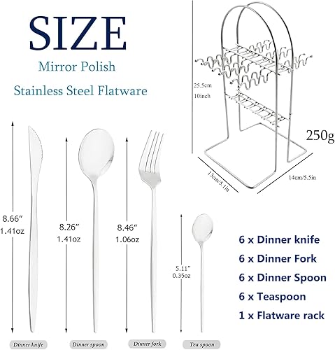 Miniatura 4 de Juego de cubiertos de 24 piezas de color blanco y plateado con soporte, juego de vajilla ligera de acero inoxidable con asas blancas para el hogar,