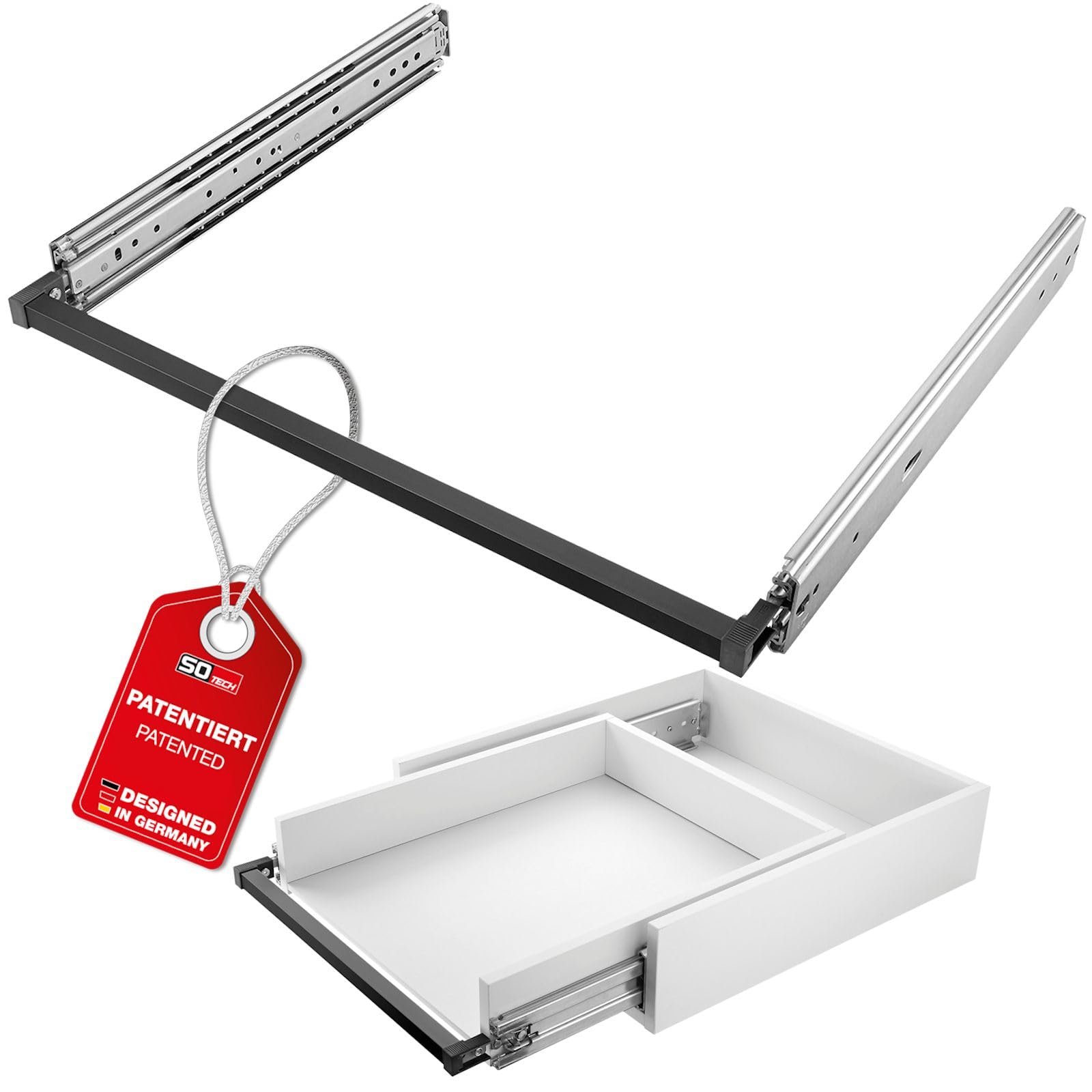 SOTECH VarioSlide Pat. Schubladenauszug Komplettset Schwerlastauszug KV2-200-H76-1150 EH 1150 mm bis 200 kg Einhandverriegelung schwarz eloxiert für Schubladen ohne Front bis 1200 mm Breite, Caravan,